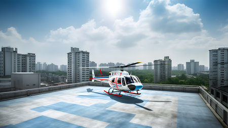 Helicopter flying in the sky over the city. 3d renderingの素材