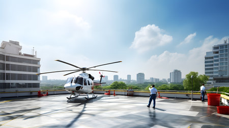 Helicopter in the airport with blue sky and city background.の素材