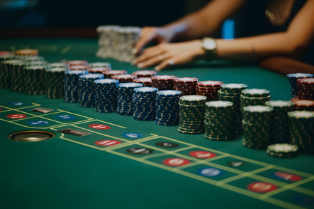 Casino roulette table with chips and cards. Close-upの素材