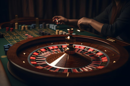 Woman playing roulette in casino. Concept of risk, chance and good luckの素材