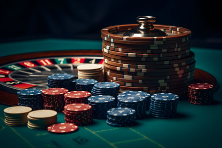 Casino roulette and chips on green table, close-upの素材