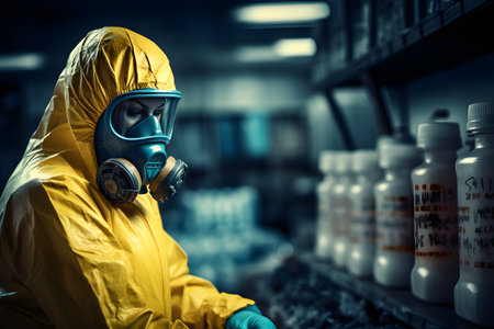 Scientist in biohazard suit and gas mask working in chemical laboratoryの素材