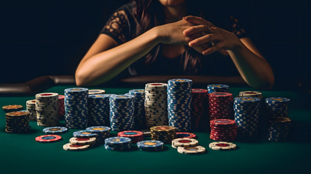 Close-up of woman playing poker at green casino table with chipsの素材