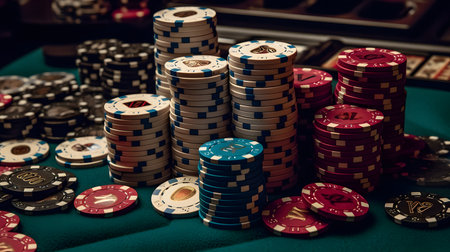 Poker chips and cards on green table in casino. Close upの素材