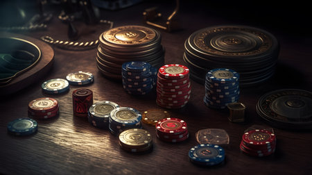 Poker chips on a wooden table. Vintage style. Selective focus.の素材