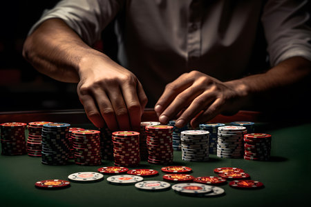 Close up of male hands playing poker at green table in casino.の素材