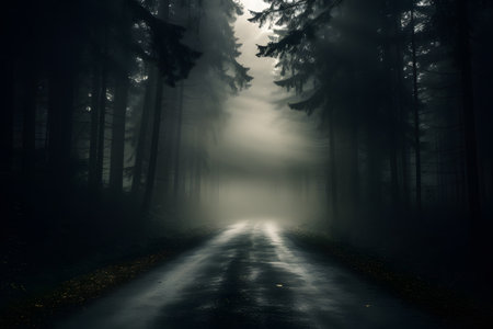 Foggy dark forest road in the mountains. Fantasy landscape.の素材