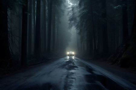 Road in the forest at night with fog, car lights and treesの素材