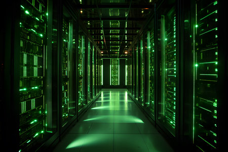 Server room data center hallway with green lights. 3D Renderingの素材