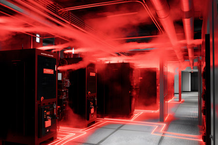 Futuristic server room with glowing red lights. 3D renderingの素材