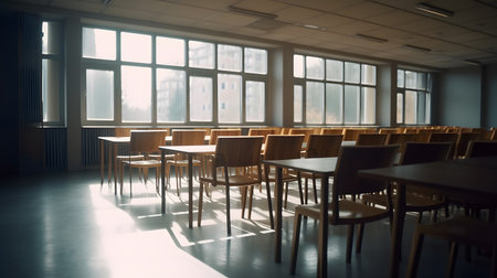 Interior of a modern classroom with tables and chairs, selective focusの素材