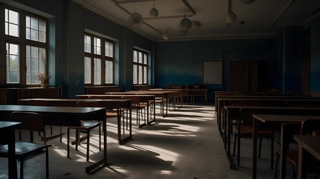 Interior of an old school classroom with wooden desks and chairs.の素材