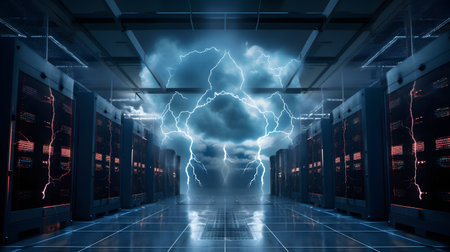 Dark server room with lightning storm 3D rendering elementsの素材