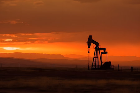 Oil pump in the desert at sunset. Oil industry equipment. Energy generation and heavy industry.の素材
