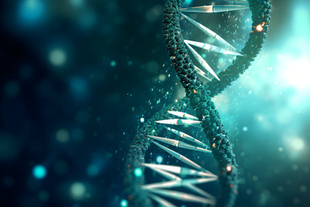 DNA molecule on blue background. 3d rendering toned image double exposureの素材