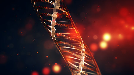 3d rendering of dna molecule on color background with red lightsの素材