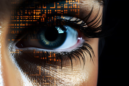 Close-up of woman's eye with high tech binary code.の素材