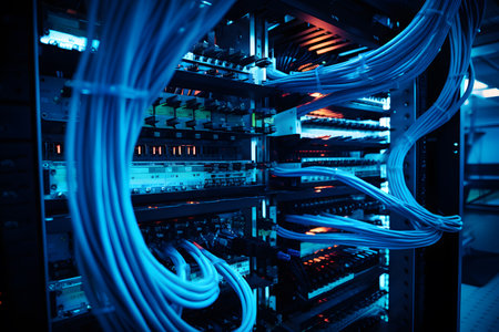 Fiber Optic cables connected to an optic ports in data centerの素材