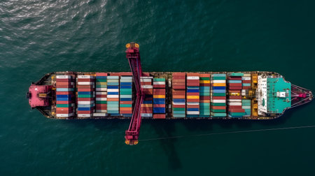 Container Cargo freight ship with working crane bridge for Logistic Import Export backgroundの素材