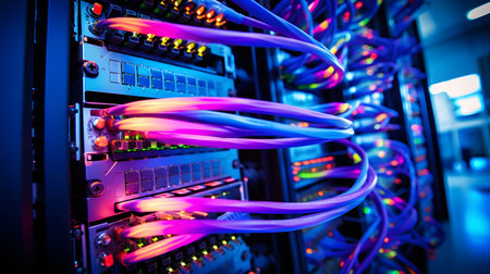 Fiber Optic cables connected to network switch in data center.の素材