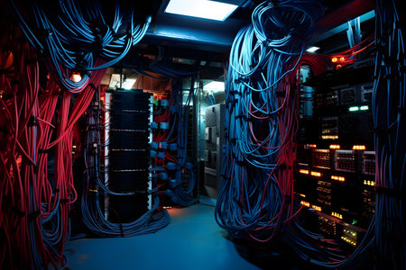 network server room with fiber optic cables ready for data transfer - technology backgroundの素材