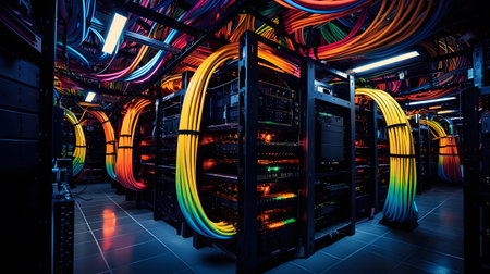 Futuristic server room with colorful lights. 3D rendering.の素材