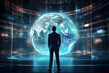 Back view of businessman looking at planet hologram.の素材