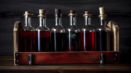 Bottles of red and black wine in wooden box on dark backgroundの素材