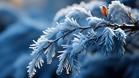 Frost on the branches of a coniferous tree close upの素材
