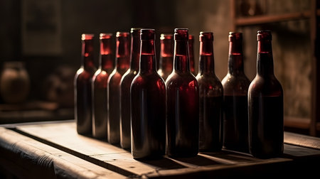 Bottles of red wine on a wooden shelf in a cellar.の素材