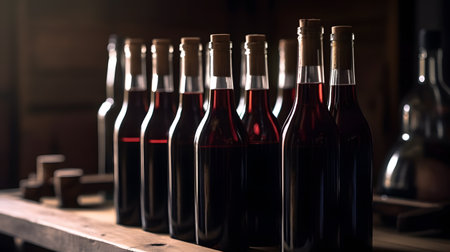 Red wine bottles on wooden shelf in wine cellar. Selective focus.の素材
