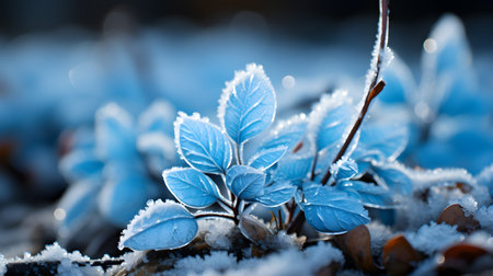 Frozen plants in the winter forest. Frosty nature background.の素材