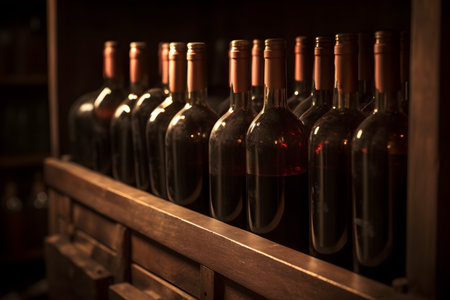 Bottles of red wine in a wine cellar. Toned.の素材