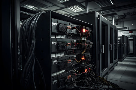 Fiber Optic cables connected to network switch in data center.の素材