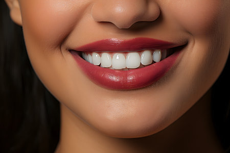 Close up of beautiful young woman with healthy teeth, isolated on black backgroundの素材
