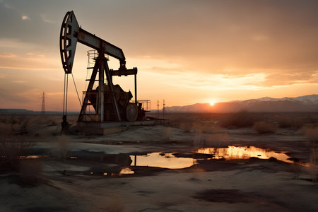 Oil pumps at sunset in the desert. Oil industry.の素材