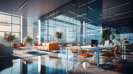 Contemporary office interior with panoramic city view. 3D Renderingの素材
