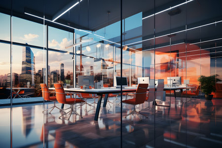 Modern office interior with city view and daylight. 3D Renderingの素材