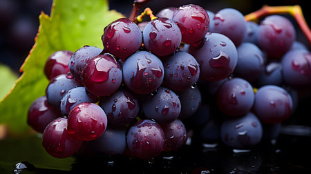 Bunch of fresh ripe grapes with water drops on black background.の素材