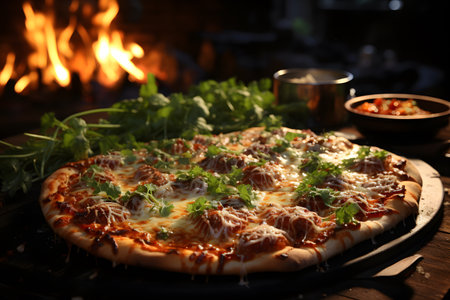 Pizza with meat, cheese and parsley on wooden table in kitchenの素材