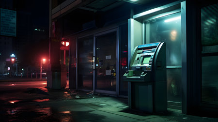 ATM machine in the city at night. Shallow depth of fieldの素材