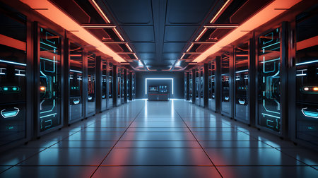 Futuristic corridor with glowing neon lights. 3D Renderingの素材