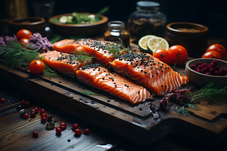 Salmon fillet with herbs and spices on a wooden board.の素材