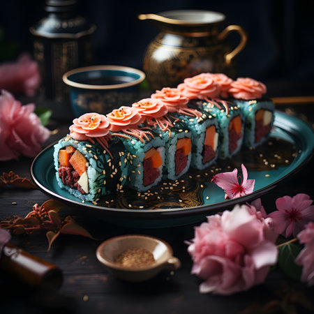 Sushi roll with salmon, cream cheese, cucumber and poppy seeds. Japanese foodの素材