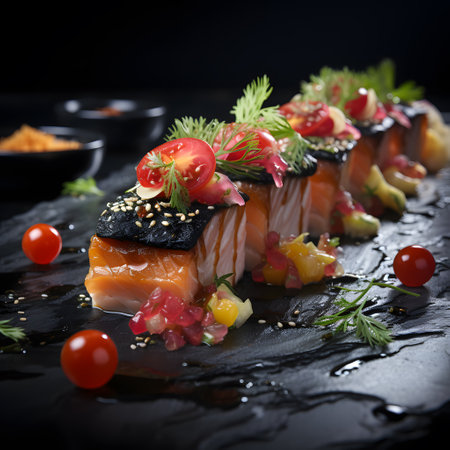 Sushi roll with salmon, caviar and vegetables on black backgroundの素材