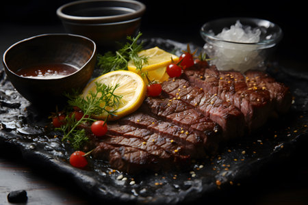 Grilled beef steak with soy sauce and lemon on a black backgroundの素材