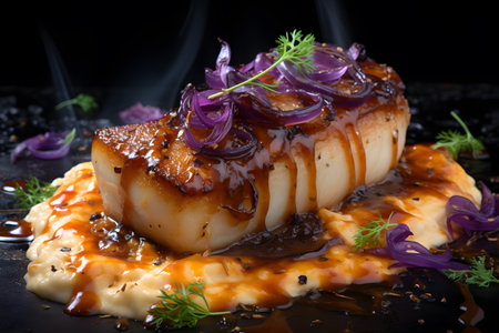 Grilled scallops with sauce and onions on a black backgroundの素材