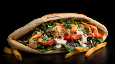 Pita bread with chicken and vegetables on a black background. Selective focus.の素材