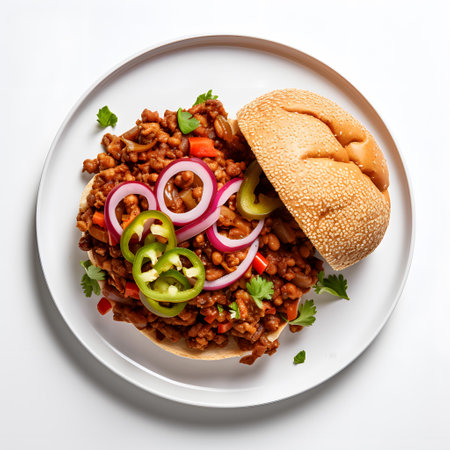 Breaded minced meat with vegetables on white plate, top viewの素材
