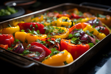 Grilled bell peppers with onion and parsley. Selective focus.の素材